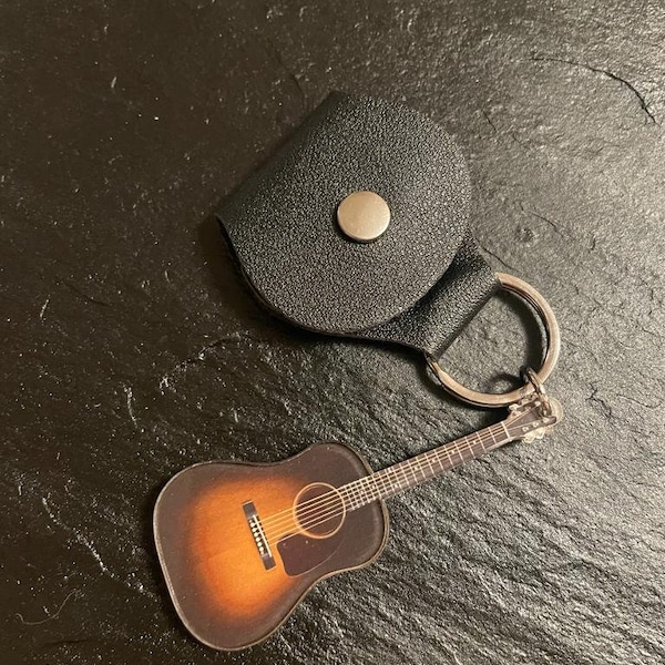 Porte-clés guitare acoustique Vintage Sunburst avec porte-médiator et 3 médiators inclus | idée cadeau Noël pour guitariste