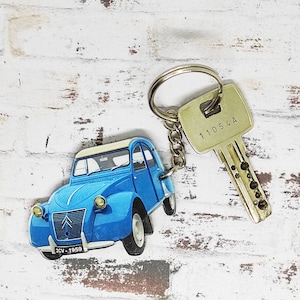 Vintage 2CV blauwe auto sleutelhanger retro auto cadeau idee Citroën 2 CV miniatuur klassieke auto sleutelhanger