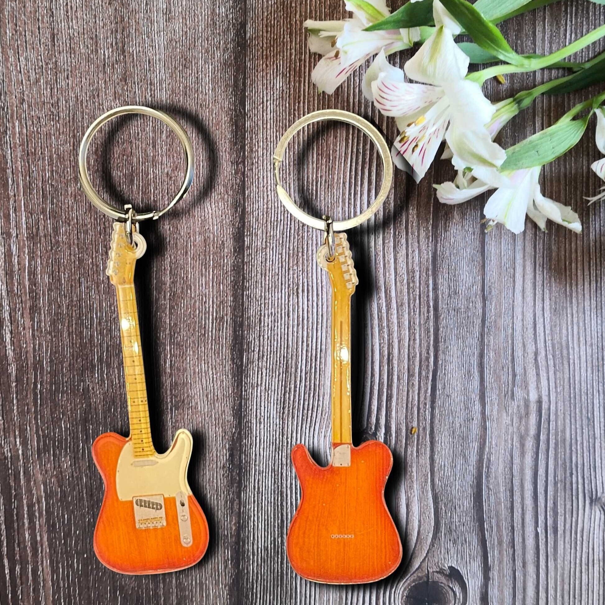 Orange Fender Telecaster Guitar Keyring, Sienna Wood Color