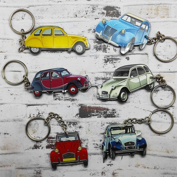 Vintage Car Key Ring 2CV Azure Blue and White Retro Automobile