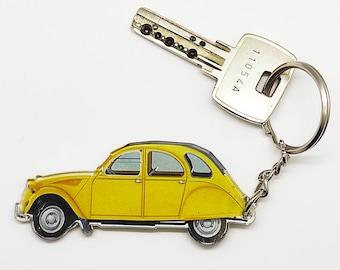 Porte-clés voiture vintage 2CV jaune idée cadeau automobile rétro Citroën 2 CV miniature porte-clés