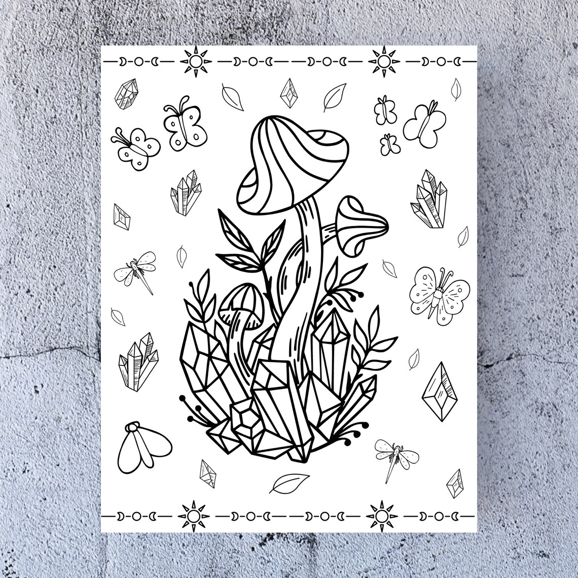 Crystals and Mushrooms Magical Coloring Page-witchy Coloring | Etsy