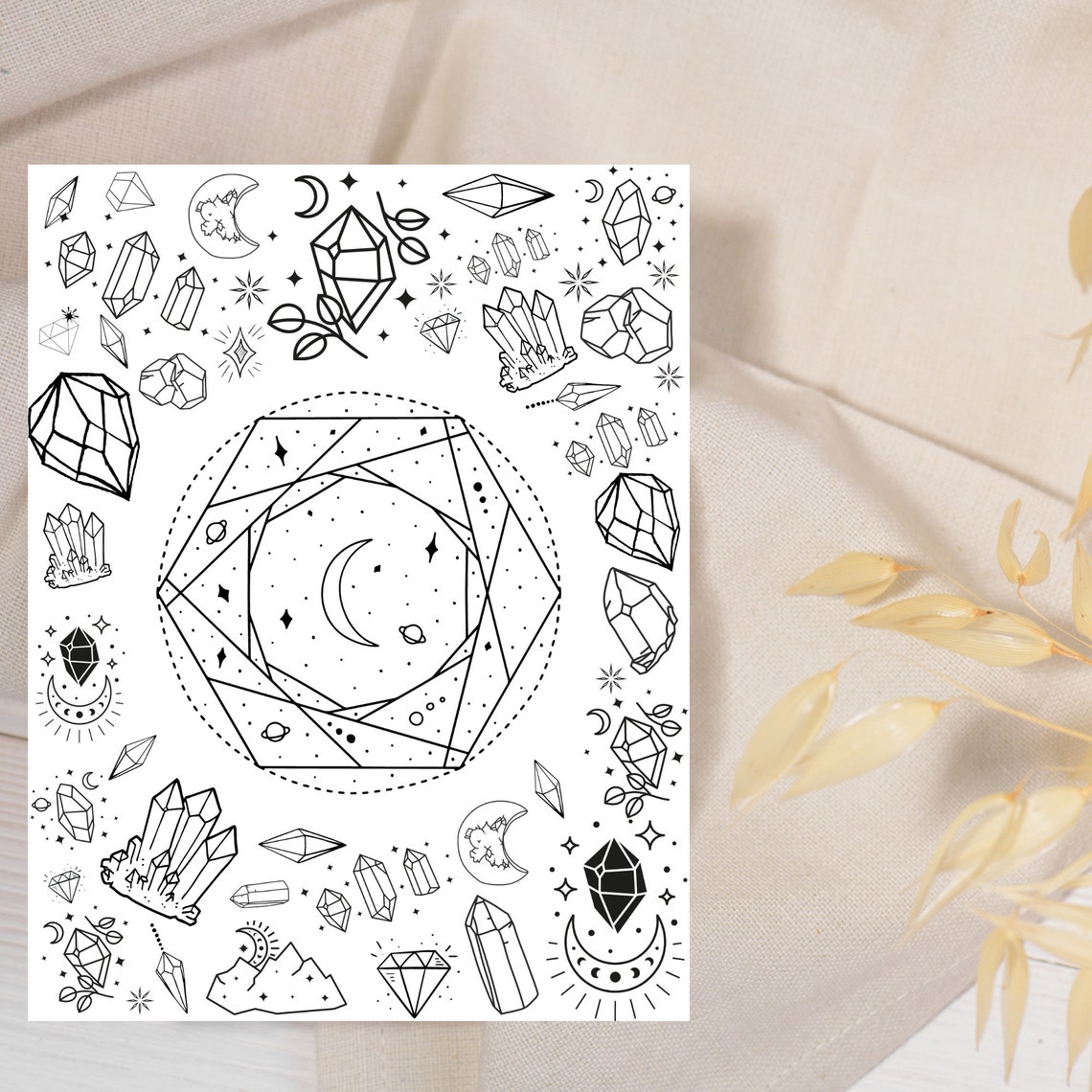 Moon and Crystals Coloring Pagemystical Coloring Sheetwitchy Etsy
