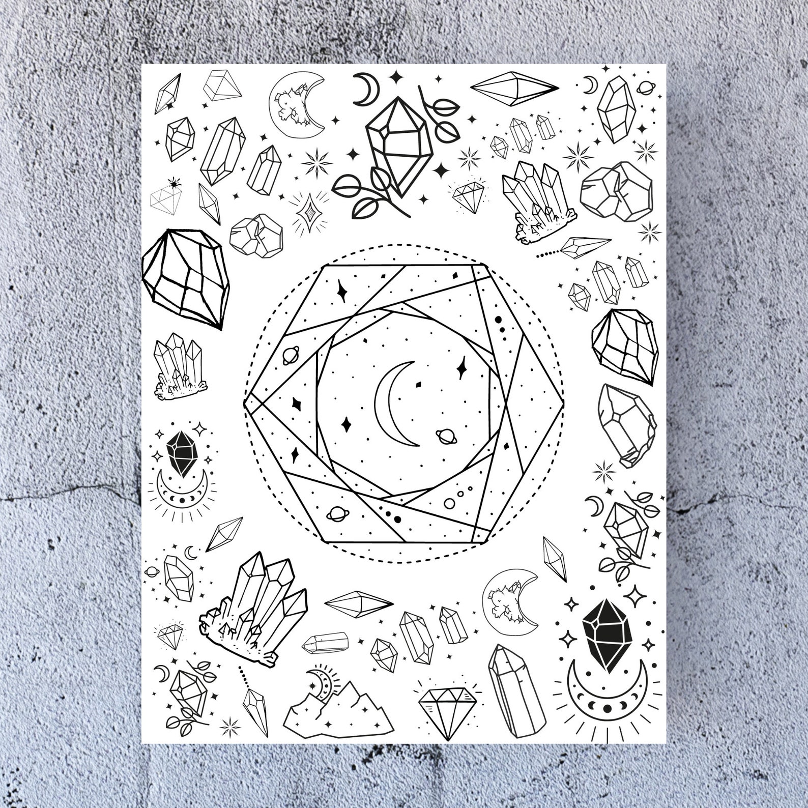 Moon and Crystals Coloring Page-mystical Coloring Sheet-witchy | Etsy