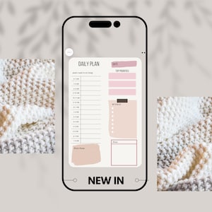 Könnte beinhalten: Eine tägliche Planer-App auf dem Bildschirm eines Smartphones mit einem rosa-weißen Farbschema. Die App hat Abschnitte für "Täglicher Plan", "Datum", "Top-Prioritäten", "Meine To-Do-Liste", "Braindump" und "Notizen".