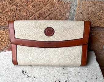 Dooney & Bourke Vintage USA 90s Ivory British Tan Checkbook Organizer AWL Multi-Function Envelope Kisslock Coin Purse Clutch Wallet