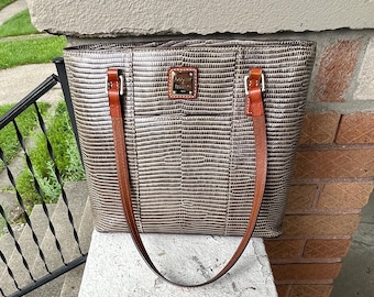 DOONEY & BOURKE Lexington Bucket Brown Gray Taupe Lizard Embossed Leather Zip Tote Shopper Bag