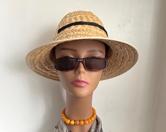 Vintage Natural Straw Sun Hat Woven Bowler Panama Brim Hat Garden Cottagecore