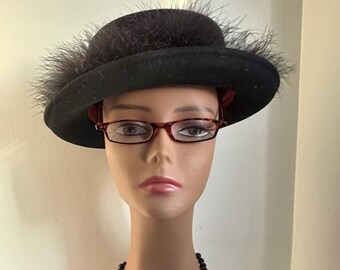 Vintage 60s USA Bollman Importina Doeskin Brimmed Bowlers Fedora Black Fur Band Wool Felt Hat Classic