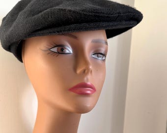 Vintage 60s USA Newsboy Flat Cap Black Wool Felt Peaky Blinders Brim Drivers Hat