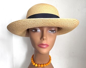 Natural Straw Sun Hat Woven Wide Brim Round Crown Black Grosgrain Ribbon Band Bow Elastic Chin Strap Breathable Garden Cottagecore