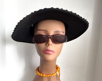 Vintage 60s 70s Wide Brim Fedora Spanish Padre Hat Felt Black Round Crown Jacquard Trim Ribbon Bow
