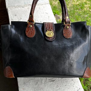 BRAHMIN Vintage Tuscan Black Pecan 80s Moc Croc Zipper Embossed Leather Large Doctors Bag Speedy Satchel Tote Pocketbook Classy