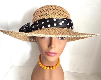 Vintage Natural Straw Sun Hat Woven Wide Brim Polka Dot Satin Scarf Band Breathable Hat Garden Cottagecore