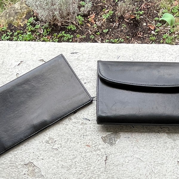 COACH Lot 2 Set Vintage USA 90s Black Envelope Multipurpose Combination Coin Pouch Leather Trifold Snap Cards Checkbook Cover Clutch Wallet