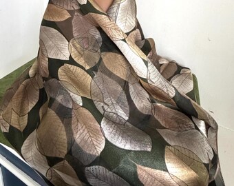 Vintage 80s 90s Shimmering Leaves Scarf Tan Silver Gray Dark Green Sand Organic Rectangle Necktie Shawl