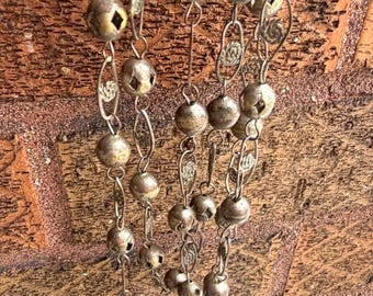 Vintage 1970s Long Silver Global Balls Spiral Rope Design Beaded Layering Necklace Boho