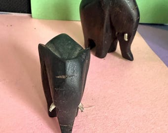 Lot of 4 Vintage Nigeria Elephant Family Hand Carved African Wood Figurines Sculptures Dark Brown Mahogany Artisan Crafts