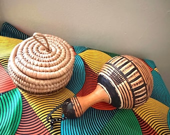 Lot of 2 Vintage West Africa Woven Small Basket Storage Hand Painted Carved Gourd  Nigeria Artisan Crafts
