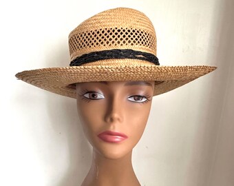 Natural Straw Sun Hat Panama Woven Wide Brim Round Crown Black Hemp Twine Bead Band Breathable Garden Cottagecore