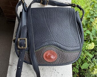 Dooney & Bourke Vintage USA 90s Teton Equestrian Saddle Crossbody Bag Pebbled Leather Tricolor Navy Earthy Browns Ivy Green Shoulder Unisex