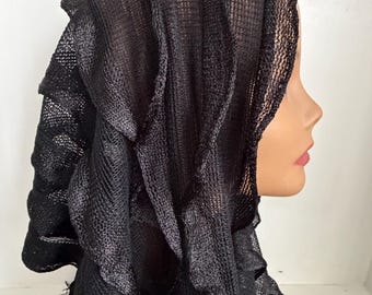 Vintage Long Scalloped Woven Mesh Shawl Poncho Fringe Black Church Head Covering Scarf Spanish Mantilla