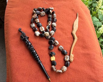 Lot of 3 Vintage West African Nigeria Wooden Carved Letter Opener Pen Painted Speckled Bean Bead Necklace