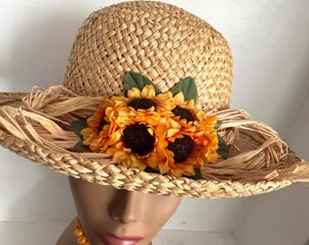 Vintage 1970s Straw Sun Hat Sunflower Black-Eye Susan Orange Woven Bowler Panama Brim Hat Floral Cottagecore Boho