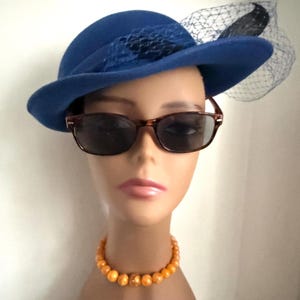Vintage 50s USA Bollman Doeskin Cobalt Blue Wool Felt Brim Veil Feather Tilt Hat Bollman Doeskin - Etsy main image 3