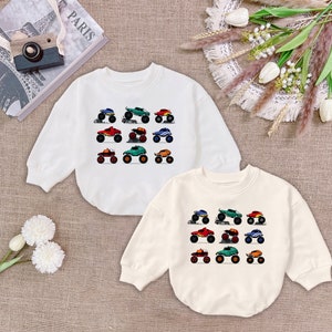 Retro Monster Trucks Romper Sweatshirt, Cute Monster Truck Baby Onesie, Matching Baby Outfits, Tractor Lover Baby Outfit, Birthday Gift