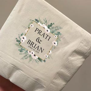 Personalized Greenery Wedding Beverage Napkins, Custom Anniversary Cocktail Napkins, Personalized Bridal Shower Couples Party Decor