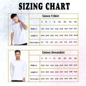 May include: Sizing chart for unisex t-shirts and sweatshirts. The chart shows measurements in inches for width, length, and sleeve length for sizes S through 5XL.