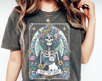 The Cat Lady Shirt, Comfort Colors Cat Lover Tarot Shirt, Skeleton And Cat T-Shirt, Gift For Cat Lovers, Funny Cat Tarot Tee, Cat Tarot Gift
