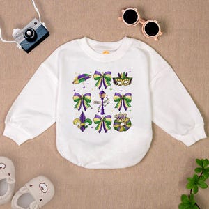 Coquette Mardi Gras Baby Outfit, Happy Mardi Gras Baby Romper, Fleur De Lis Baby Clothes, King Cake Baby Shower, Mardi Gras Mask Baby Gift