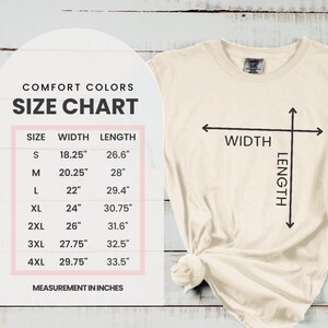 May include: A size chart for t-shirts with measurements in inches. The chart shows the width and length of the shirts in sizes S, M, L, XL, 2XL, 3XL, and 4XL.