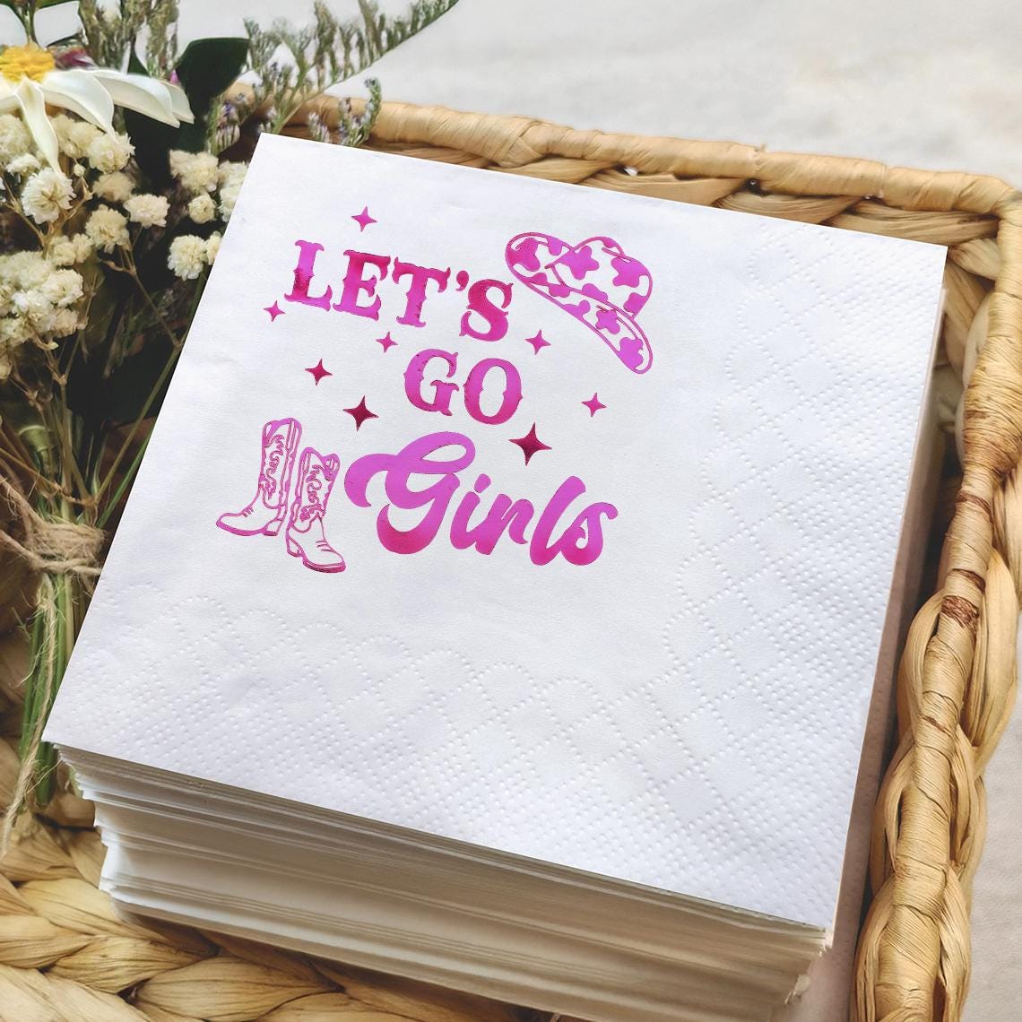 Set Décoration Fête Cowgirl Let's Go Girls – Assiettes 7 & 9 Pouces, Serviettes, Nappe, Thème Rose Western