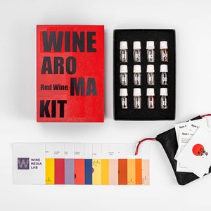 May include: Red Wine Aroma Kit with 12 small bottles of wine aroma scents, a color chart, and instructions. The kit is packaged in a red box with the text "Wine Aroma Kit" and "Red Wine".