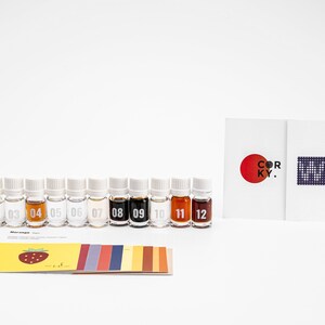 May include: Twelve small glass bottles with white caps, numbered 1 through 12, containing different colored liquids. The bottles are arranged in a row on a white surface. A card with the text "COR KY." and a red circle is visible in the background. Another card with the text "WINE MEDIA LAB" is also visible in the background.