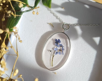 Bespoke Forget-me-nots Silver Pendant Oval handmade with real pressed flowers