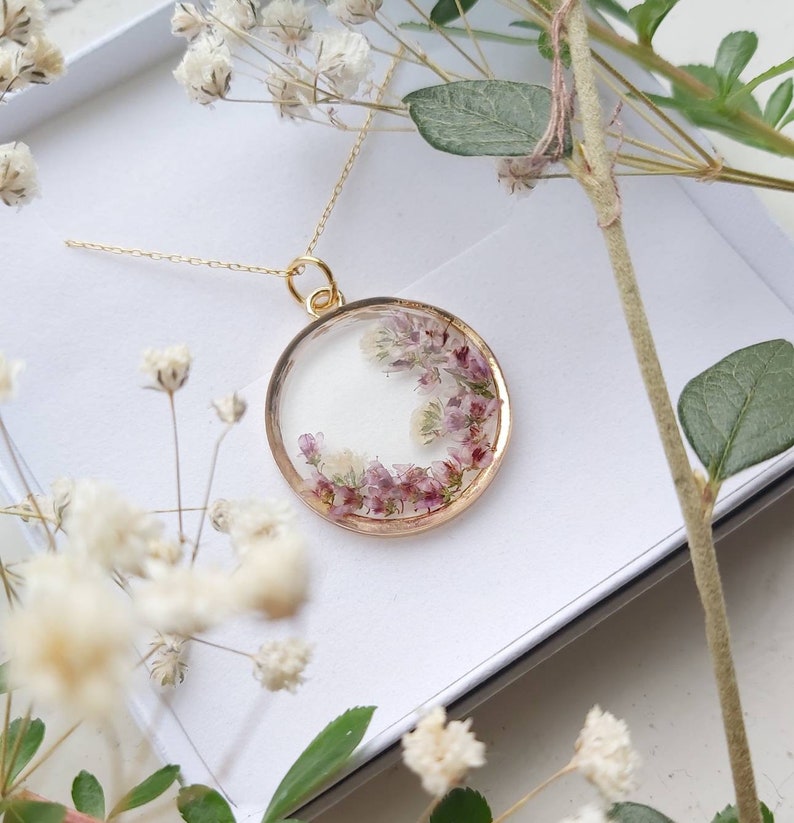 Unique Heather & Gypsophila Gold Pendant Round handmade with real pressed flowers image 5