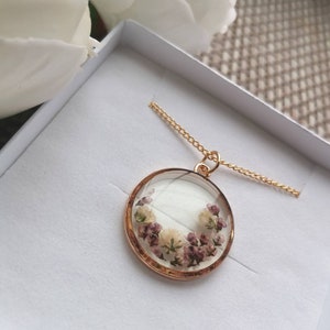 Unique Heather & Gypsophila Gold Pendant Round handmade with real pressed flowers image 3