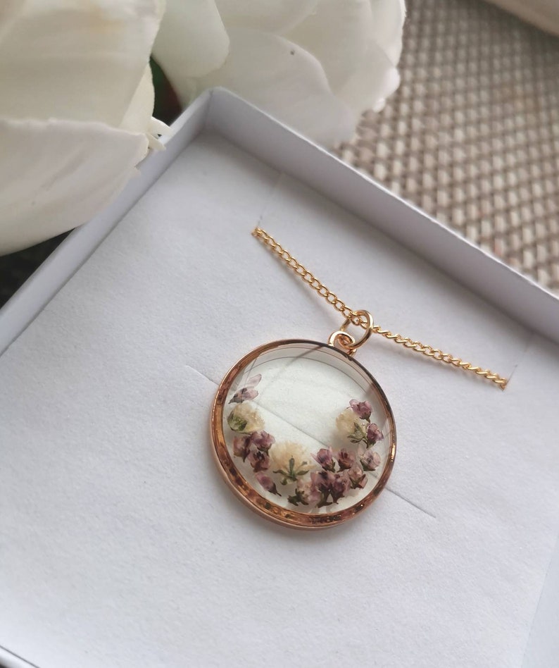 Unique Heather & Gypsophila Gold Pendant Round handmade with real pressed flowers image 3