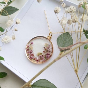 Unique Heather & Gypsophila Gold Pendant Round handmade with real pressed flowers image 6