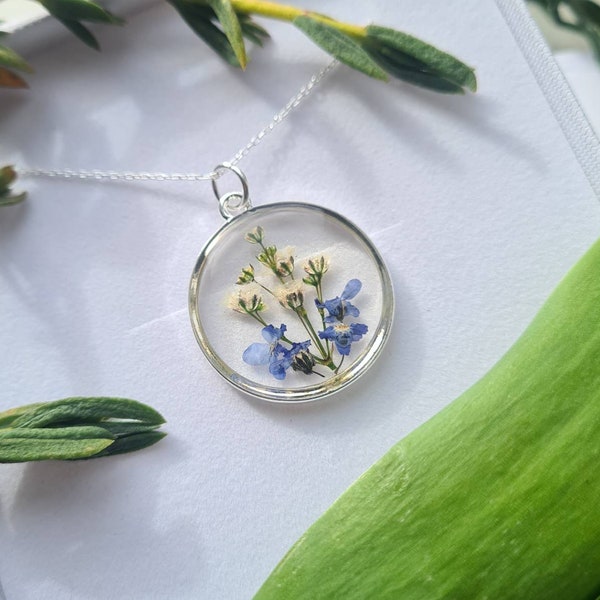 Bespoke Forget-me-not & Gypsophila Silver Pendant Round handmade with real pressed flowers