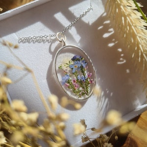 Delicate Wildflower Pendant Oval handmade with real pressed flowers