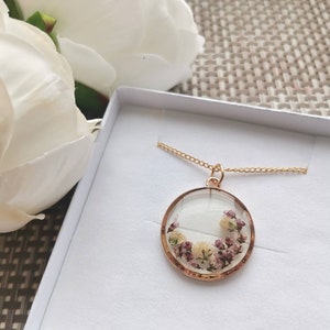 Unique Heather & Gypsophila Gold Pendant Round handmade with real pressed flowers