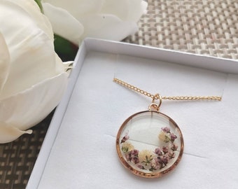 Unique Heather & Gypsophila Gold Pendant Round handmade with real pressed flowers