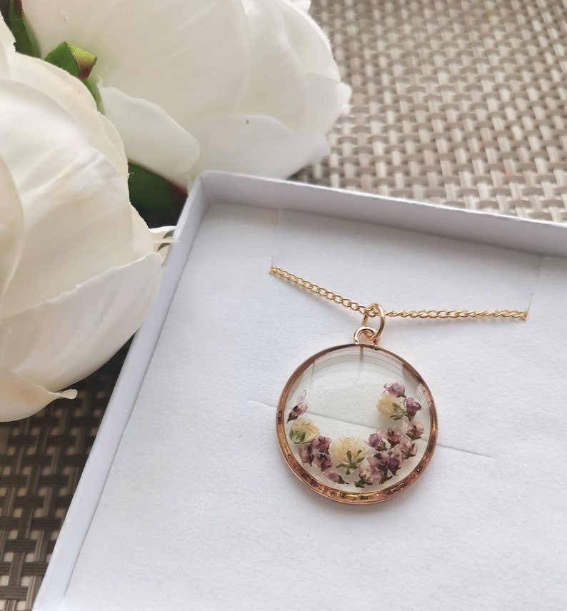 Unique Heather & Gypsophila Gold Pendant Round handmade with real pressed flowers image 1