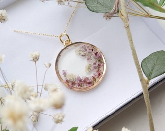 Bespoke Heather & Gypsophila Gold Pendant Handmade with real pressed flowers