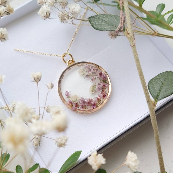 Bespoke Heather & Gypsophila Gold Pendant Handmade with real pressed flowers